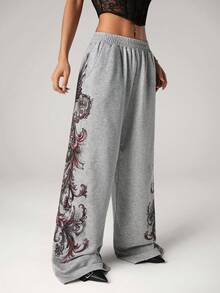 SHEIN ICON Y2K 女式外出哥特音乐会俱乐部印花花卉图案松紧腰带口袋阔腿宽松休闲裤 - 灰色 - 查看 6