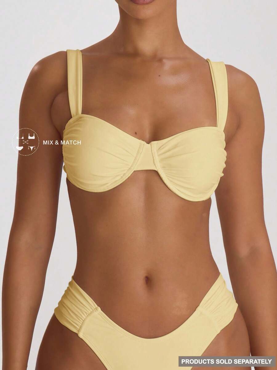 Musera Resort Underwire Thick Shoulder Ruched Cup Bikini Top Swim Vacation Holiday Summer Travel Beachwear Basics Solid Colour Swimwear Resort Core - Yellow - View 1