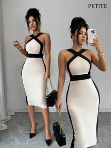 SHEIN Raffinéa PETITE Mid-Length Crossover Halter Neck Bodycon Dress, Color Block Women's Dress Midi Dress Golf White Summer Sexy - Multicolor - View 1