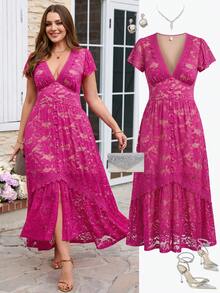 Ellevyn Hot Pink Summer Elegant Wedding Guest Dress Plus Size Women Deep V-Neck Ruffle Short Sleeve Button Floral Lace Formal Party Graduation Flowy Dress - Hot Pink - View 9