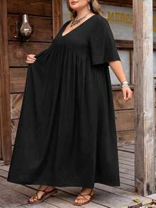 SHEIN CURVE+ Curve Size US22Music Festival, Seaside Vacation, Bohemia Women's Vacation Loose Ditsy Floral V-Neck Short Sleeve BabydollTeacher Dress - Black - View 3
