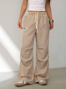 SHEIN PETITE Pantalones anchos de chándal de rayas básicos de verano para mujer - Caqui - Ver 3