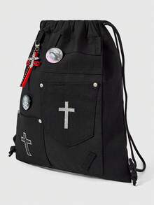 ROMWE Grunge Punk 1 pieza Mochila de lona con cordón Y2K estilo gótico con cruz de strass - Mochila casual de calle estilo punk oscuro con decoración de cruz y múltiples bolsillos de gran capacidad, adecuada para festivales de música y conciertos, academias y uso diario, Halloween - Negro - Ver 3
