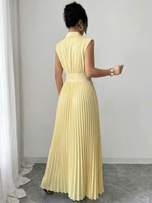 Modelyn Đầm midi nữ màu vàng nhạt dệt kim, không tay, cổ chữ V, xếp ly, thanh lịch, thích hợp đi làm. - Màu vàng - Xem 2
