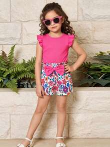 SHEIN Elladie kids 女童2件套，粉色針織圓領荷葉袖上衣搭配碎花蝴蝶結裝飾短褲，4-7歲夏季家庭度假穿搭 - 玫紅色 - 查看 5