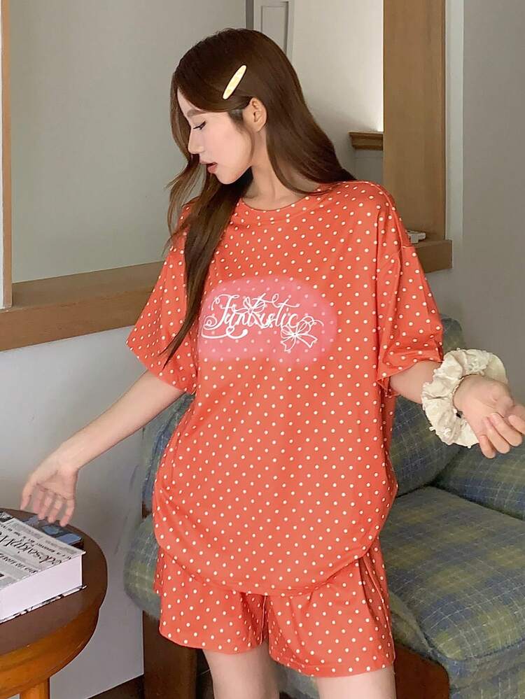 Women's Polka Dot Print Round Neck Short Sleeve Top And Shorts Pajama Set, Summer