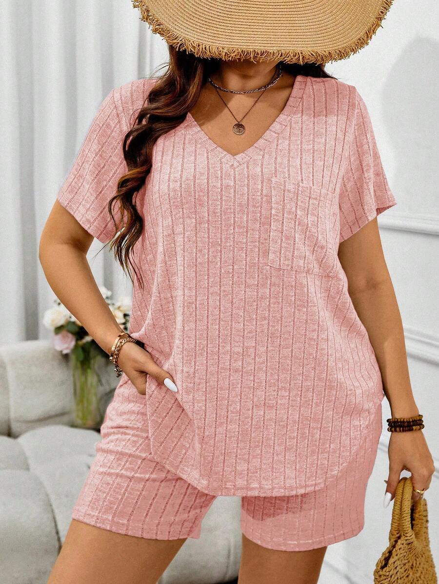 Breezaya Plus Size Summer Casual Ribbed Pocket Short Sleeve T-Shirt And Shorts 2 Pieces Set - Pink - View 1