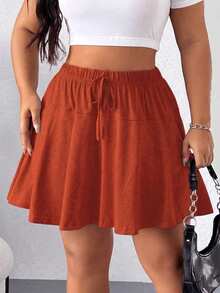 Elenzga Plus Size Casual Solid Color Mini Skirt Shorts - Redwood - View 3