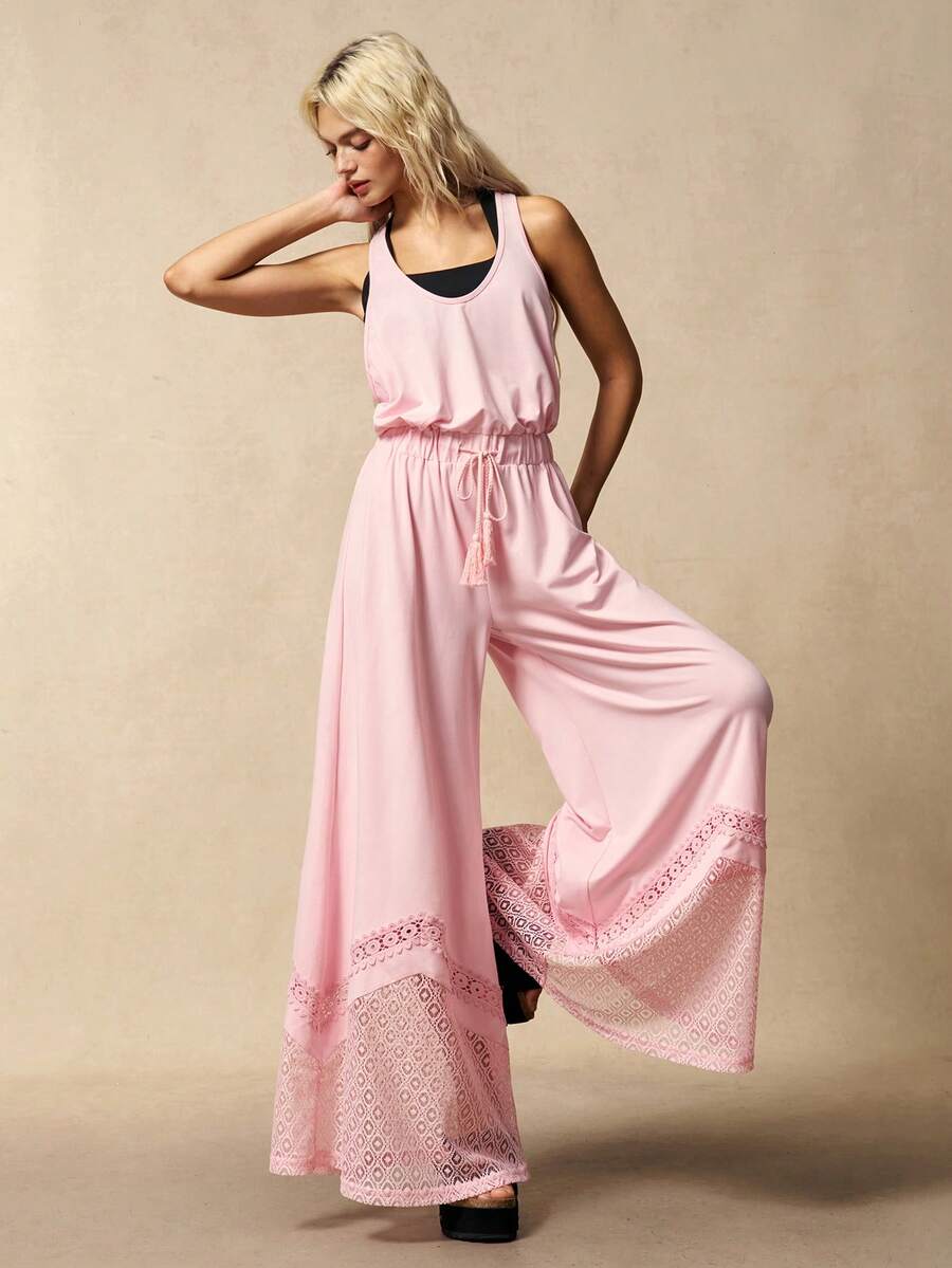 VARSIVA Women's Solid Color Waist Tassel Tie Wide Leg Sleeveless Jumpsuit Vacation Soft Pink Summer Boho