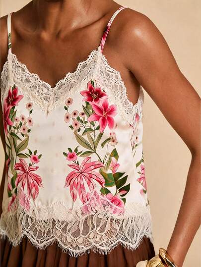 Travachic Damen Spitze Patchwork Blume Muster Lässig vielseitig Alltagstragen Trägerhemd