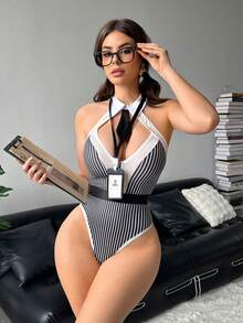 Fantasy Costume 女士条纹镂空拉链设计连体衣内衣 - 黑與白 - 查看 3