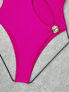 Bonvoyette Solid Color Hollow Out Asymmetric Metal Decor Swimsuit, One-Piece, Suitable For Beach Vacation - Hot Pink - View 4