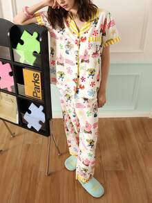 Chillnights SpongeBob SquarePants | SHEIN 休闲度假贝壳蝴蝶结印花条纹撞色翻领女士睡衣套装 - 彩色 - 查看 4