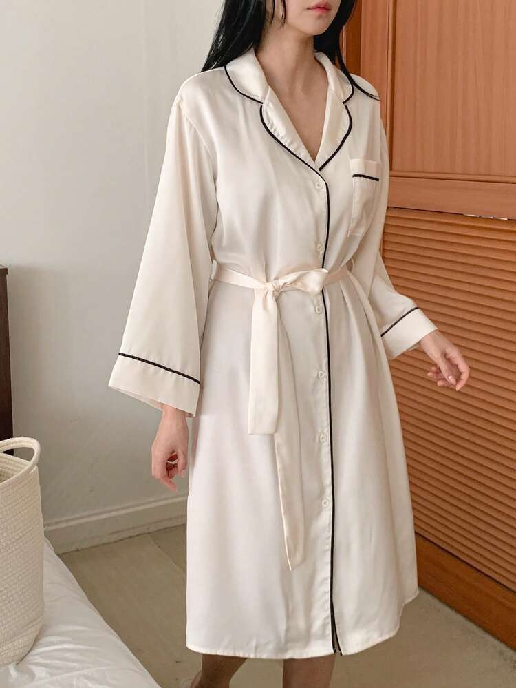 Elegant Contrast Color Trim Decor Loose Mid-Length Women Robe
