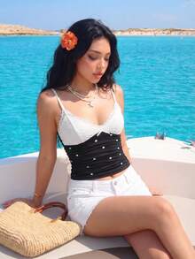Sweetina 撞色蕾丝蝴蝶结Y2k吊带背心 - 黑與白 - 查看 3