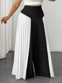 Maweii Plus Size Women's Black & White Contrast Side Pleated High Waist Wide Leg Pants, Spring/Summer Office Commute Casual Trousers,Black Pants,Elegant Dress Women - Black and White - View 3