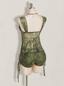 SHEIN ICON 2件套夏季女士外出波西米亚风印花褶皱系带吊带背心和抽绳系腰短裤 - 綠色 - 查看 11