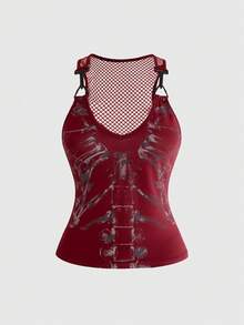 ROMWE Áo tank top phối lưới in hình bộ xương tối màu - Màu Đỏ Sâu - Xem 1