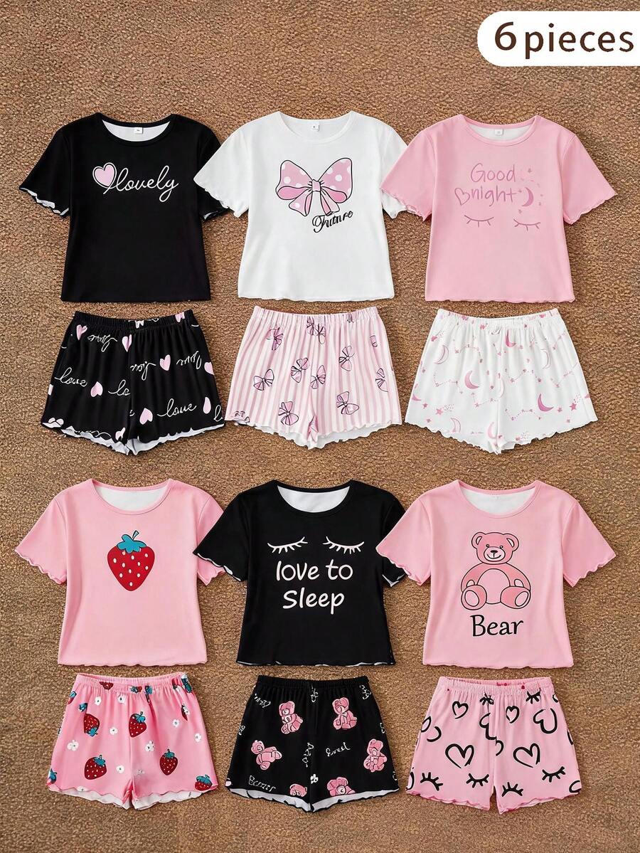 SHEIN 6pcs Girls Cute Cartoon Printed Pajama Set,Includes Tops And Bottoms,Pink And White Summer Cute Home Wear Sleep,Heart Bow Eyelash For Tween Girls - Multicolor - View 1