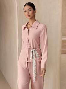 Graceveil Bộ áo và quần cạp chun, màu hồng nhạt, áo tay dài và quần dài. - Hồng - Xem 5