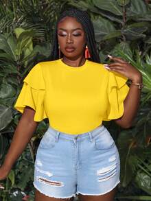 Slaydiva Mono de Body entero con múltiples volantes en las mangas para vacaciones de verano, para mujeres de talla grande. Mono de Body entero blanco de talla grande - Amarillo - Ver 5