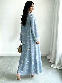 SHEIN Najma 碎花V领长袖连衣裙，女士优雅碎花长裙，春夏长裙，阿拉伯风格女装 - 彩色 - 查看 5