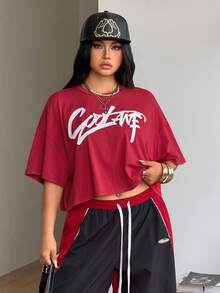 Coolane Áo thun nữ cỡ lớn in chữ đỏ, cổ tròn, vai rớt, kiểu dáng thường ngày. - Đỏ - Xem 5