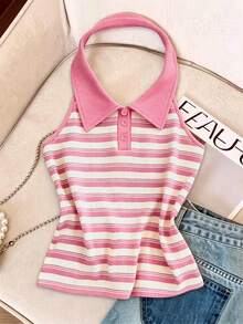Franclia French Style Striped Backless Halter Neck Tank Top For Women, Summer, Slimming & Age-Reducing - Multicolor - View 4