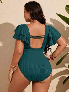 Swim Chiccia Traje de baño de una pieza con mangas de pétalos con volantes talla grande, nuevo verano 2026 - Agua verde azul - Ver 2