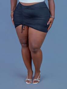 CurvyTilda Summer Beach Plus Size Women's Drawstring Cover Up Skirt, For Hourglass Body Shape - Black - View 6