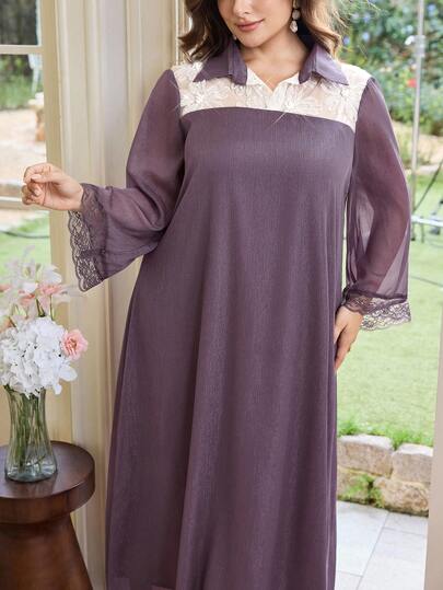 Al Najma Đầm dài tay màu tím chiffon bóng, phối ren hoa, vải thêu đính cườm, kiểu dáng thanh lịch, dáng rộng, cổ áo sơ mi, cỡ lớn.