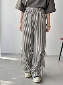 FRIFUL 女士休闲通勤条纹拼接裤 - 黑與白 - 查看 5