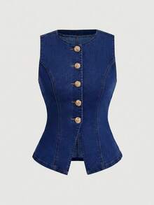 SHEIN MOD Women's Metal Single-Breasted Denim Vest - Dark Wash - View 5