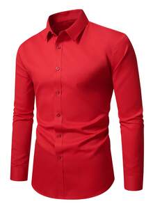 Manfinity Mode Men's Solid Color Single-Breasted Casual Long Sleeve Formal Shirt, Ceremony - Red - View 4