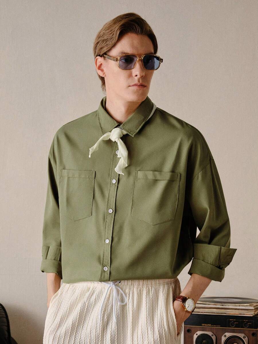 VeloEdit Green Color Men's Dual Pocket Buttoned Up Oversized Shirt, Woven, Collar Army, Baggy Long Sleeve Button Plain Emerald Casual, Fall Old Money - Army Green - View 1