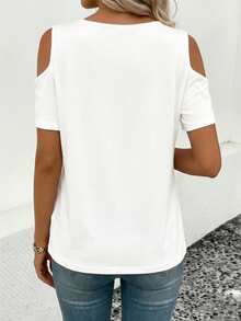 EMERY ROSE Cute Bee Pattern Letter Slogan V-Neck Off-Shoulder Short Sleeve T-Shirt Holiday White Summer - White - View 2