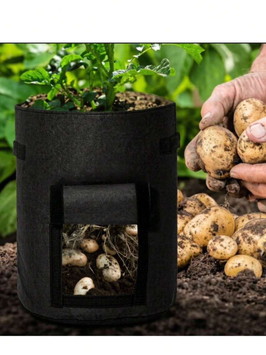 1PC 5/10 Gallon Sweet Potato Planting Bag, Felt Potato Planting Bucket, Circular Nutrient Bowl Planting Bag For Vegetable Potato Seedling Growth, Vegetable Gardening Bag, Fabric Bag - black - View 1