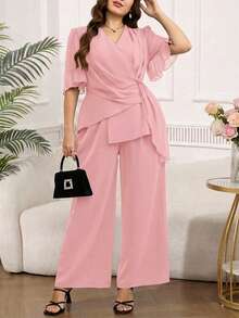 SHEIN Clasi Bộ đồ 2 món dành cho nữ cỡ lớn: Áo sơ mi ngắn tay xếp ly màu trơn và quần ống rộng. - Hồng - Xem 2