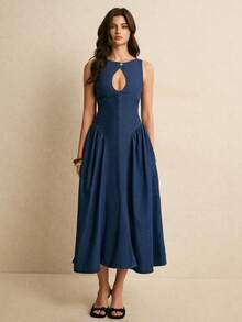 Poéselle Women's Cutout Ruched Waist Elegant Denim Dress, Suitable For Party And Outings - Medium Wash - View 3