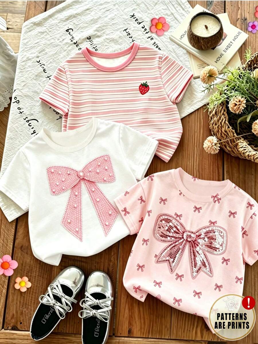 SHEIN Playful Pals 3件套女童(小号)T恤,蝴蝶结条纹草莓印花,粉白条纹粉色蝴蝶结可爱休闲舒适百搭,适合春、夏、秋、冬四季穿着。 - 彩色 - 查看 1