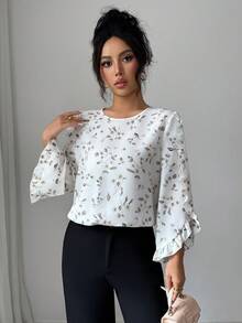 SHEIN Elenzya 新款春夏荷叶边碎花长袖宽松圆领衬衫 - 白色 - 查看 4