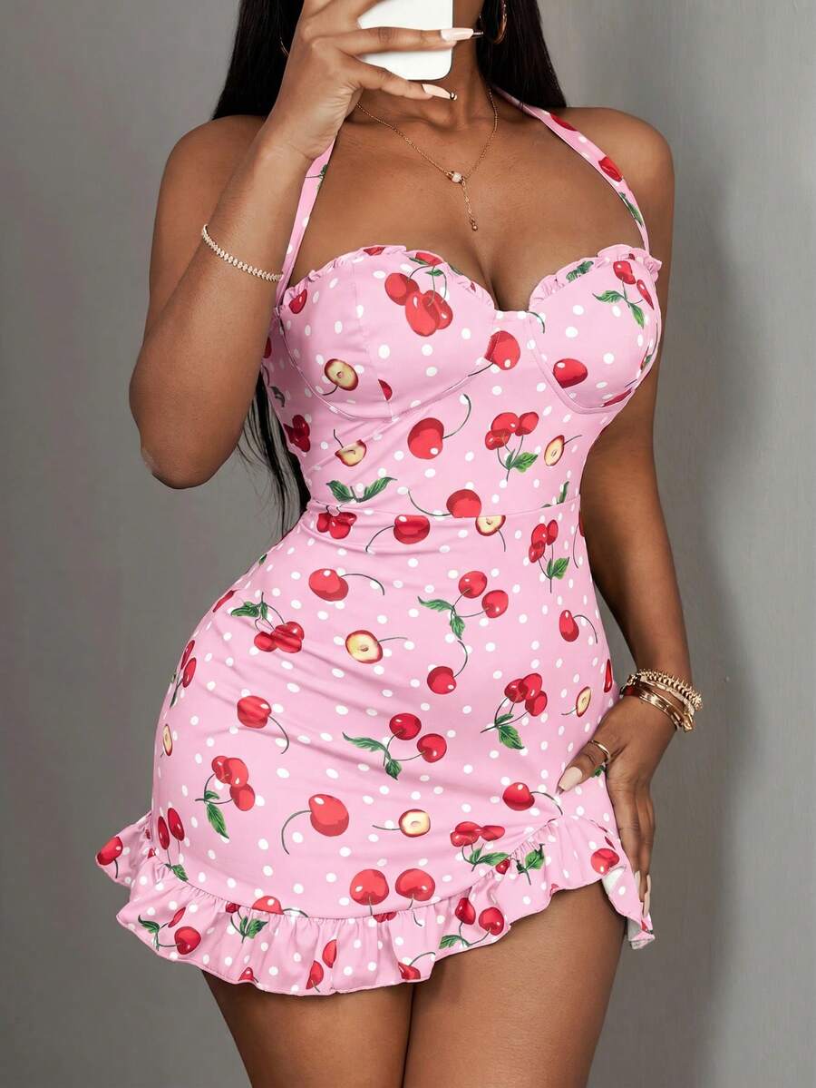 Slaydiva Vestido ajustado mini con estampado de cerezas 2025 nuevo - Rosa - Ver 1