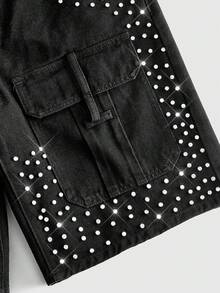 ROMWE MEN Street Life Men's Loose Fit Sparkling Diamond Denim Cargo Shorts - Black - View 2