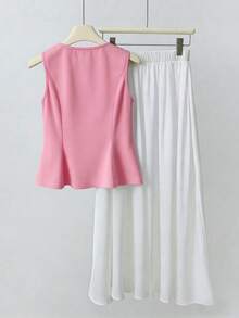 SHEIN LUNE 女款黑色無袖花卉裝飾荷葉邊上衣 + 白色A字中長裙，休閒日常穿搭，派對、通勤、約會，2件套 - 彩色 - 查看 2