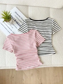 SHEIN Bộ đồ mùa hè sọc kẻ mềm mại 2 mảnh dành cho bé gái tuổi teen, sọc đen/trắng và hồng, bộ đồ phối hợp thời trang cho mặc hàng ngày, đi nghỉ mát, cắm trại, chụp ảnh. - trắng - Xem 2