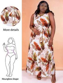 CurvyTilda Vestido plus size feminino com estampa de plantas, gola redonda, detalhe torcido na barra e sem mangas, ideal para o verão, praia, festas e ocasiões especiais, perfeito para o corpo ampulheta. - Multicolorido - Ver 1