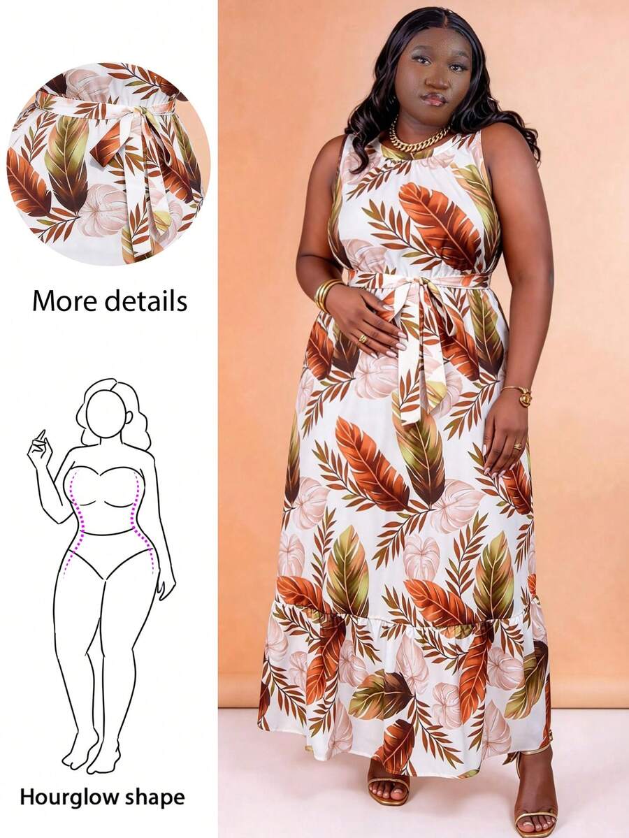 CurvyTilda Vestido plus size feminino com estampa de plantas, gola redonda, detalhe torcido na barra e sem mangas, ideal para o verão, praia, festas e ocasiões especiais, perfeito para o corpo ampulheta. - Multicolorido - Ver 1