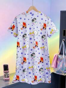 THE POWERPUFF GIRLS X SHEIN Áo ngủ nữ tay ngắn cổ chữ V cài cúc phía trước, kiểu dáng thường ngày, thích hợp cho mùa xuân/hè. - Màu tím - Xem 2