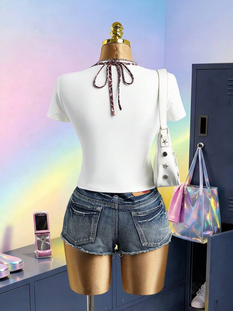 THE POWERPUFF GIRLS X SHEIN Women's Casual Cartoon Print Round Neck Short Sleeve T-Shirt, Versatile For Daily Wear - White - View 2