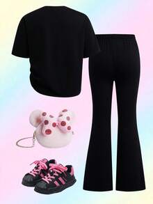 THE POWERPUFF GIRLS X SHEIN 少女领结卡通印花T恤和喇叭裤套装 - 黑色 - 查看 2